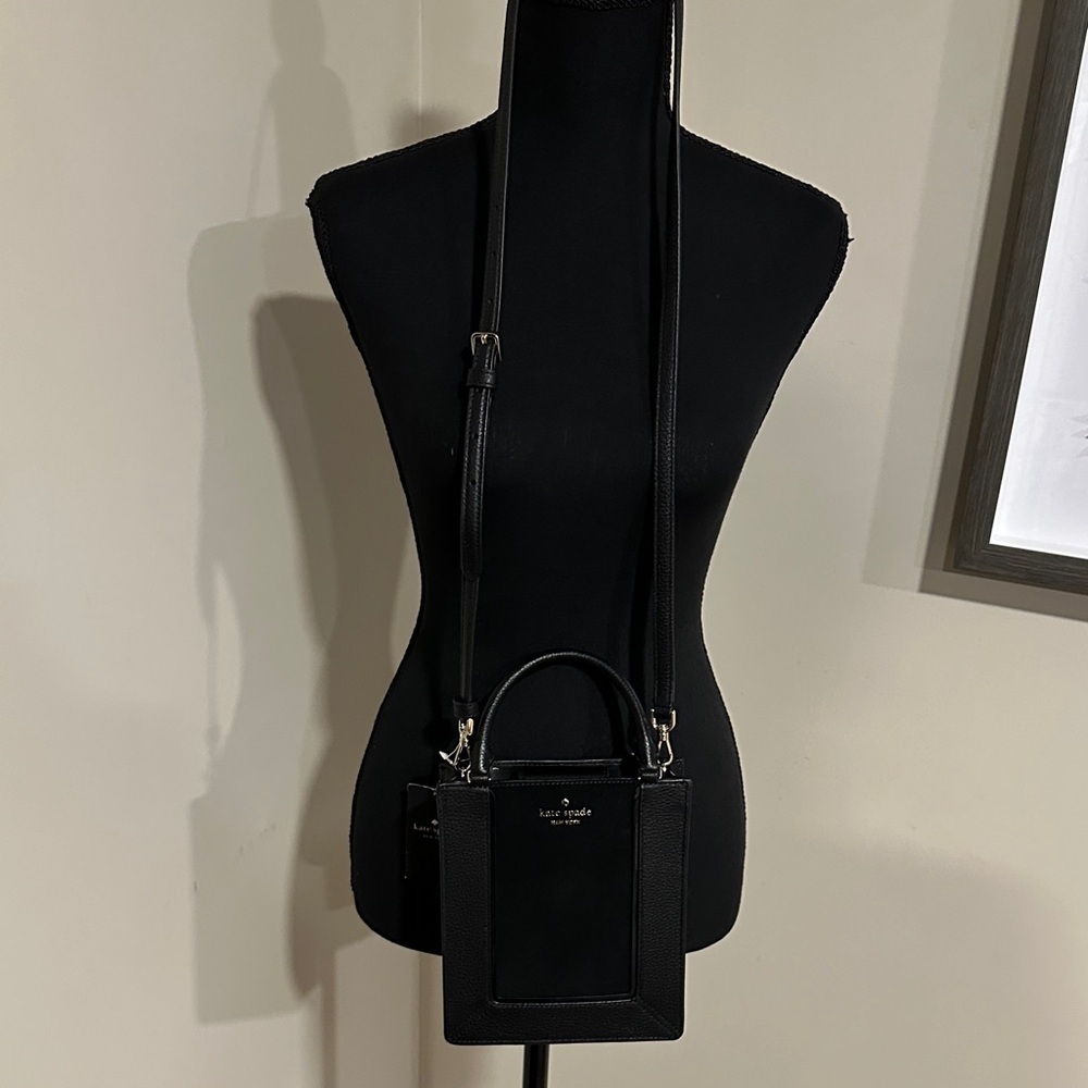 *KATE SPADE* Black Leather Lena Mini Tote Crossbody w/ Gold Logo - Picture 5 of 12